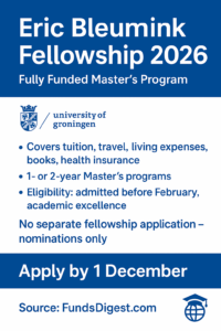 Eric Bleumink Fellowship – Fully Funded Master’s Program at University of Groningen, Netherlands